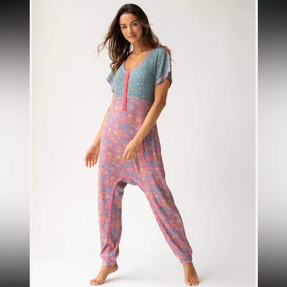 Natural Life Mix & Match Waffle Thermal Jumpsuit Boho Floral Print